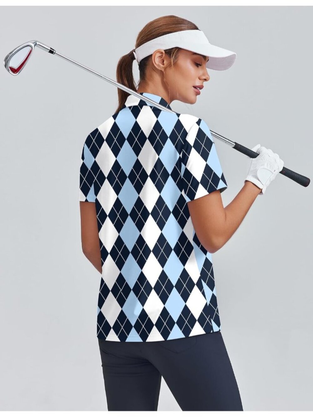 Women Black Blue Plaid 4 Button Golf Polo UPF50+ Quick Dry Tennis Tops Relax Fit - Picture 2 of 6